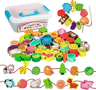 Wooden Threading Beads String Lacing, 42Pcs Animals Fruits Traffic String Lacing Beads Toys, Montessori Educational Learning Toys, Activity Games Gifts for 3 4 5 Year Old Boys Girls Kids Toddlers