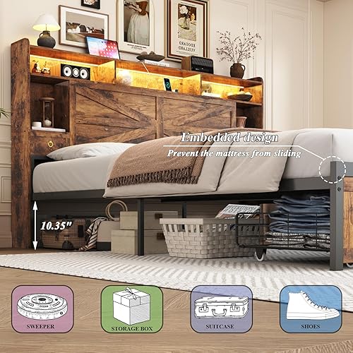 Miniatura 6 de Marcos de cama tamaño King con cabecera de almacenamiento y 4 cajones, marco de cama de plataforma estilo granja con estación de carga y luces LED,