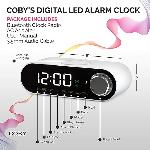 Miniatura 6 de COBY Reloj despertador digital LED integrado de 10 W HD Bluetooth, radio FM, cargador inalámbrico rápido certificado QI para iPhone, Samsung y más,