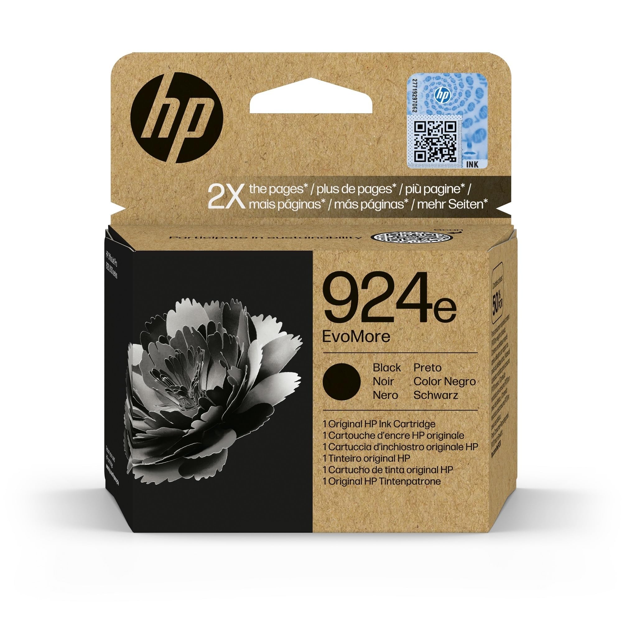 HP 924e Nero, Cartuccia Inchiostro Originale, EvoMore, Alta Capacità | Compatibile con HP OfficeJet Pro Serie 8120 e 8130, 1000 pagine (4K0V0NE)