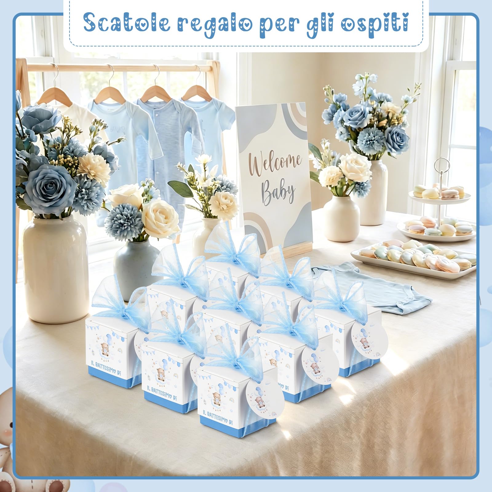 Jadive Boîtes à Dragées Baptême Personnalisables Étiquettes Ruban Cadeau Ours Arc-En-Ciel Bleu clair