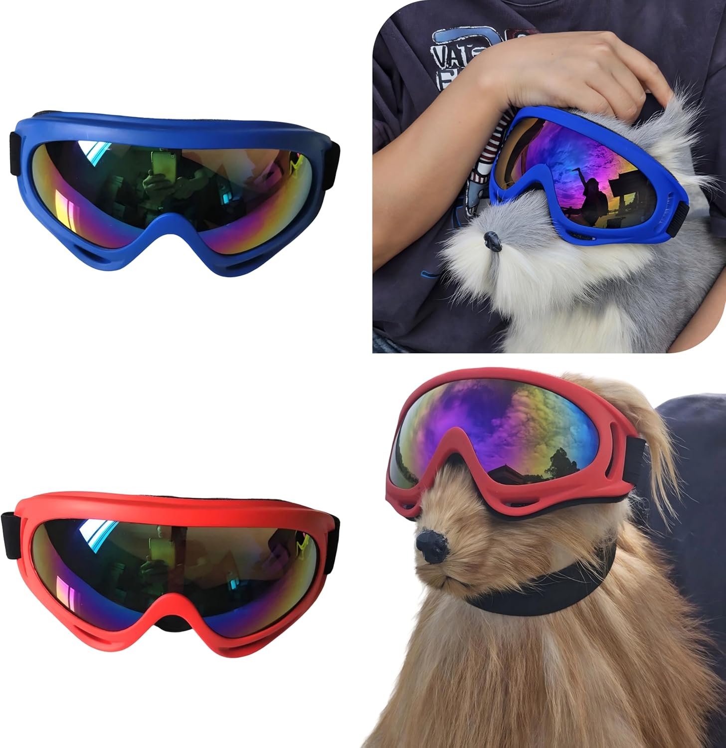 Dog Sunglasses Goggles 2-Pack UV Wind Dust Protection Adjustable Dual Straps Soft Foam Padding 5 Colors for Outdoor Adventures (Red+Navy Blue,One Size)
