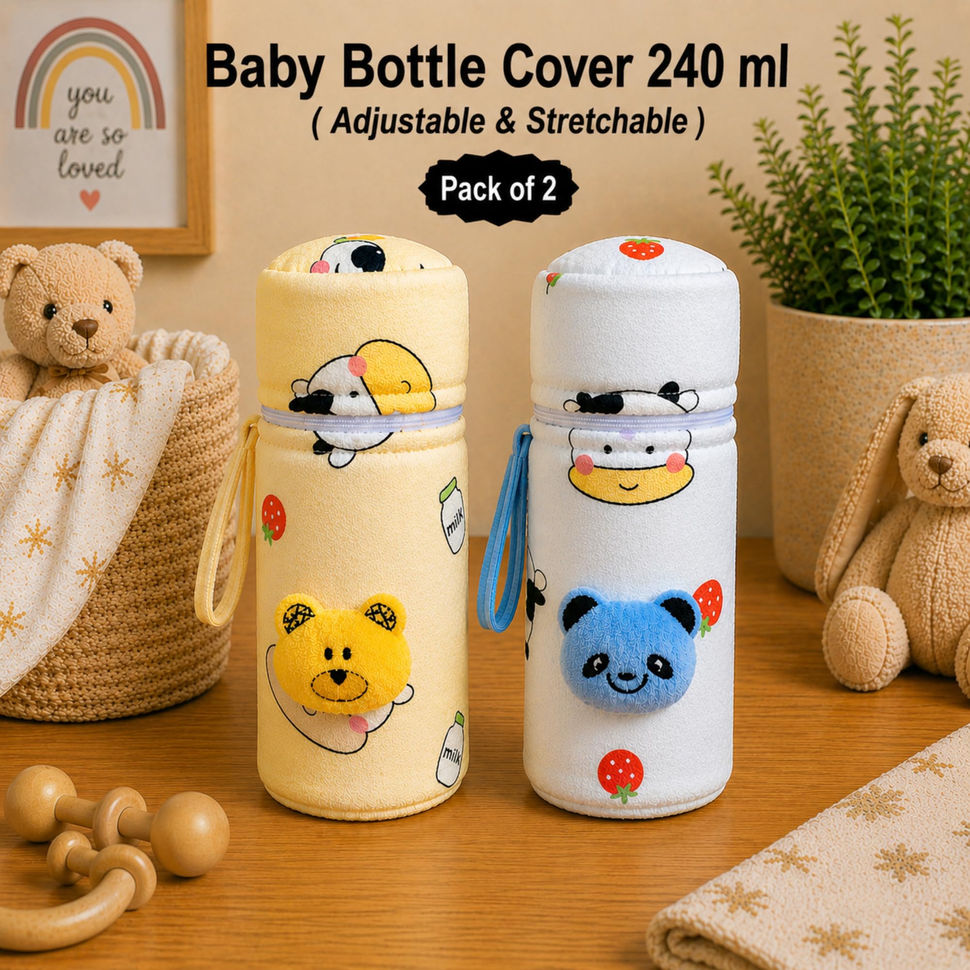 THE LITTLE LOOKERS Soft Plush Stretchable Baby Feeding Bottle Cover with Easy to Hold Strap (Blue & Yellow, Zip Closure 240ml/8OZ) 1