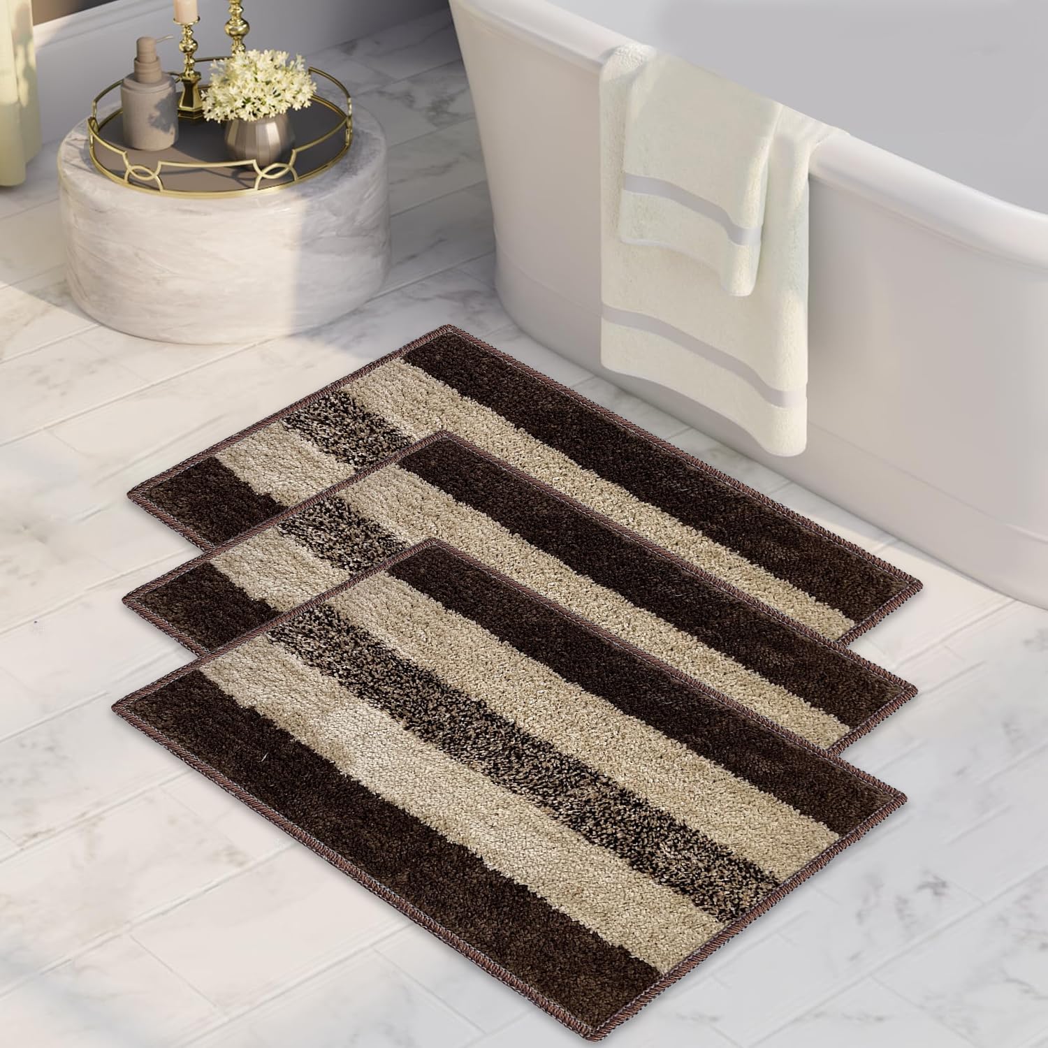 CANWAY Rectangular 3 Pieces Anti-Skid Microfiber Bathroom Door Mat, 1100 GSM Water Absorbent Floor Mat (35 × 50 cm, Brown)-image-37