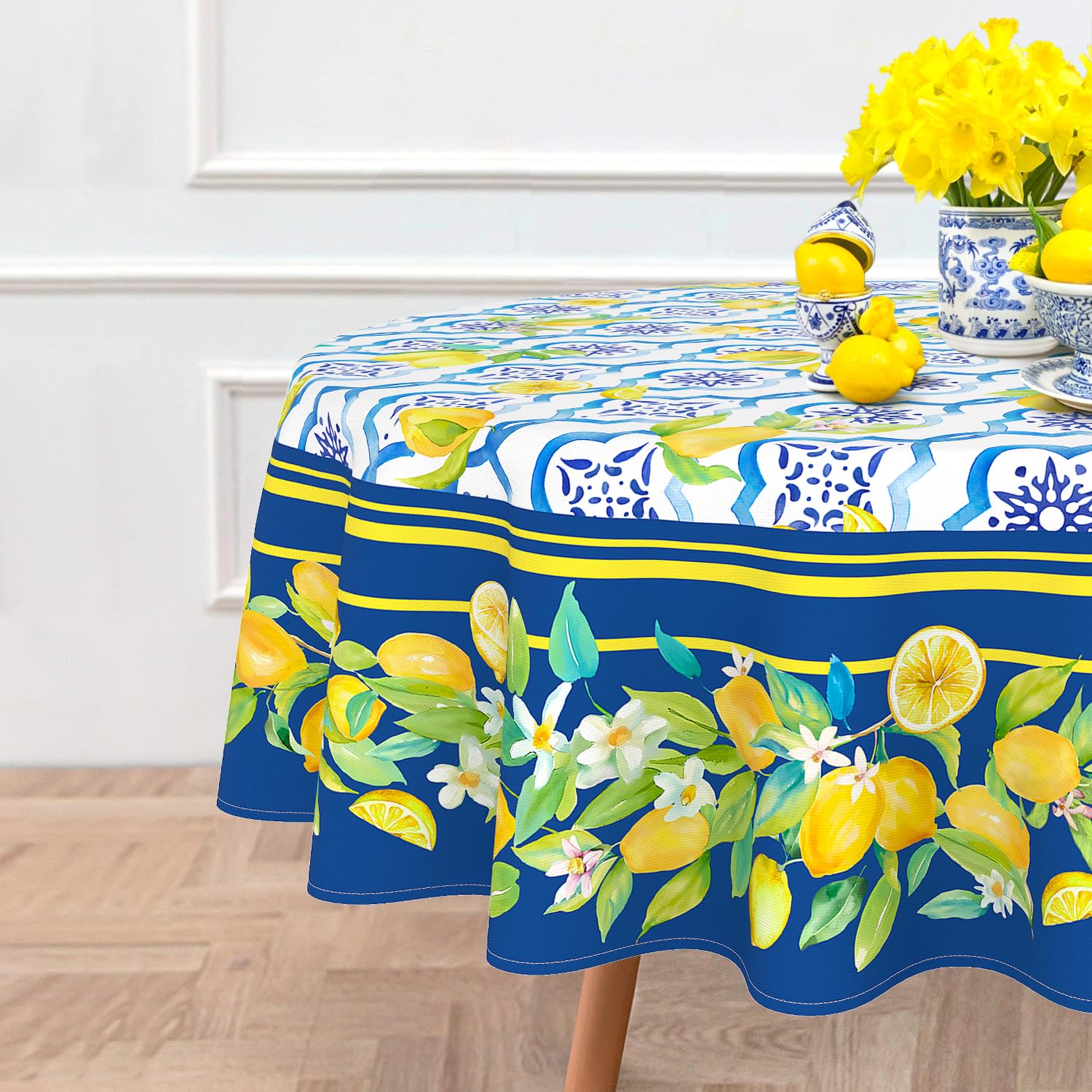 Kuyuayee Lemon Round Tablecloth 60x60 Inch Waterproof Washable Spring Summer Lemon Table Cloth Blue Seasonal Tablecloth for Party Picnic Dinner Home