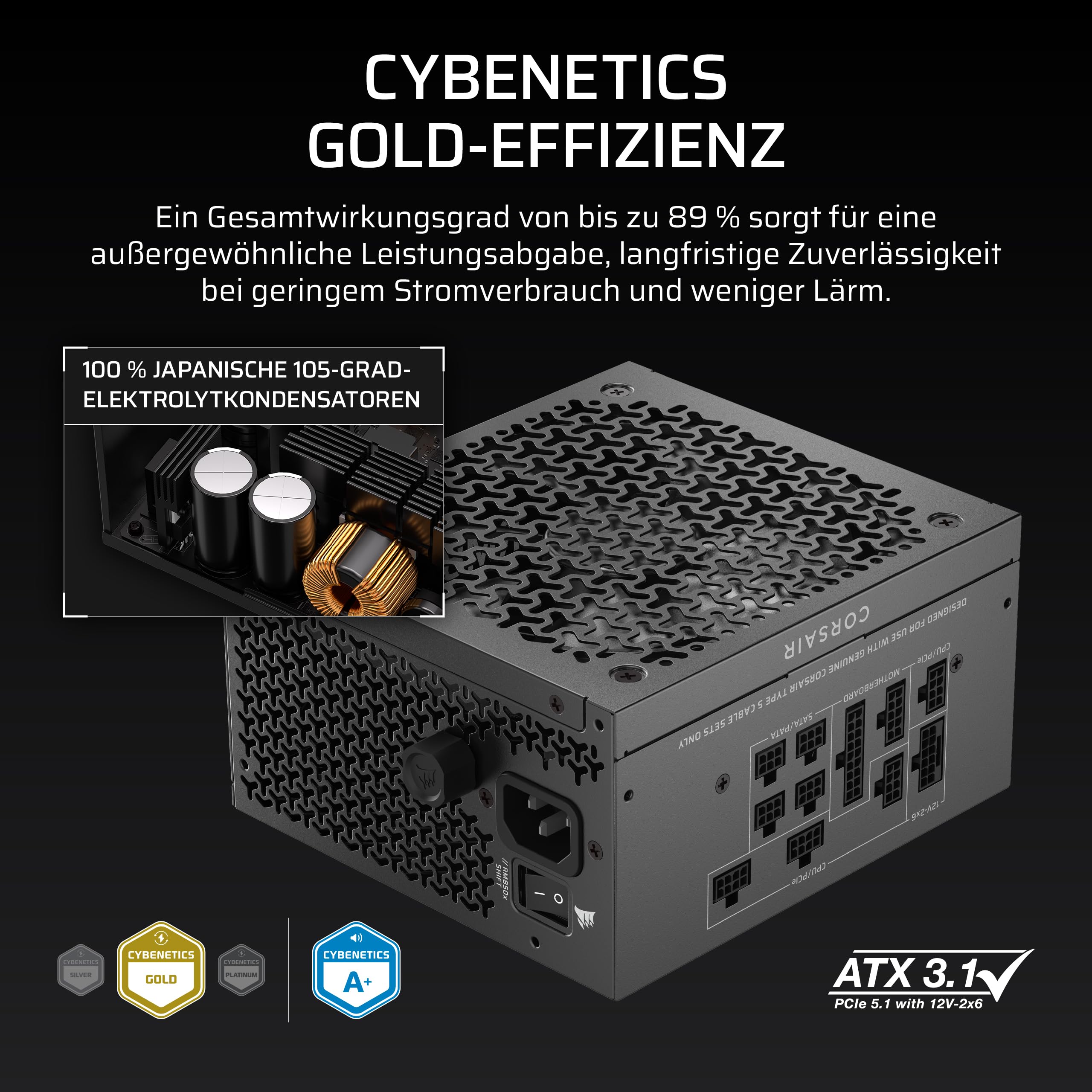CORSAIR RM850x Shift (2025) Vollmodulares ATX-Netzteil – Modulare Seitenschnittstelle, 12-V-2x6-Kabel, ATX 3.1 und PCIe 5.1, Lüftergeschwindigkeit, 105°C-Kondensatoren, Cybenetics Gold – Schwarz