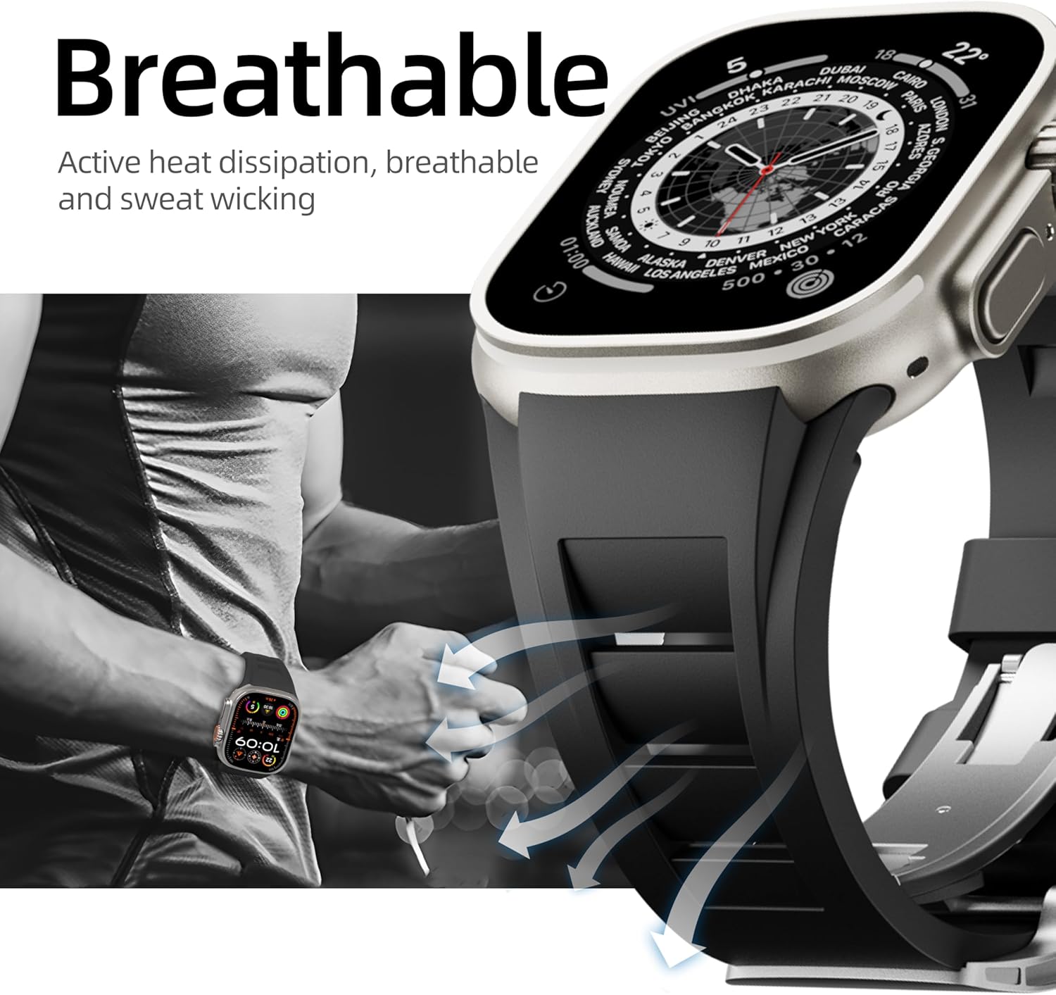 Sports Liquid Silicone Strap with Butterfly Buckle for Iwatch Series 9/8/7/6/5/4/3/2/1/SE,Ultra 2/Ultra 49mm 45mm 44mm 42mm,Luxury Mens Watch Band for Apple Watch (42mm/44mm/45mm/49mm, - Image 2