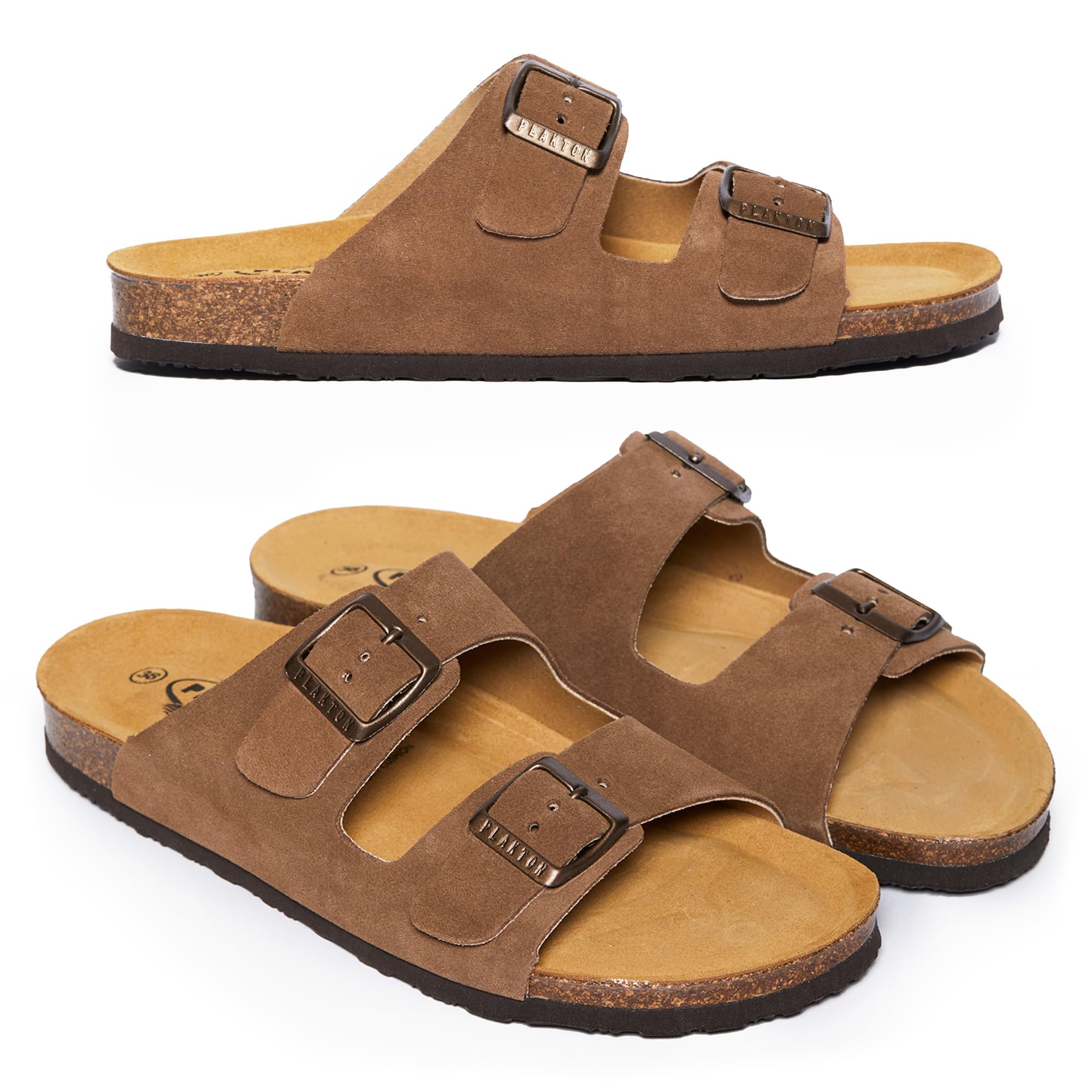 PLAKTON Formentera Sandalia de Corcho Hombre y Mujer, Piel Ante Afelpada con Hebillas Ajustables, Plantilla Anatómica Memory Cushion, Cómodas Mules Beta-180010-5 Coloris-, caqui, 38 EU