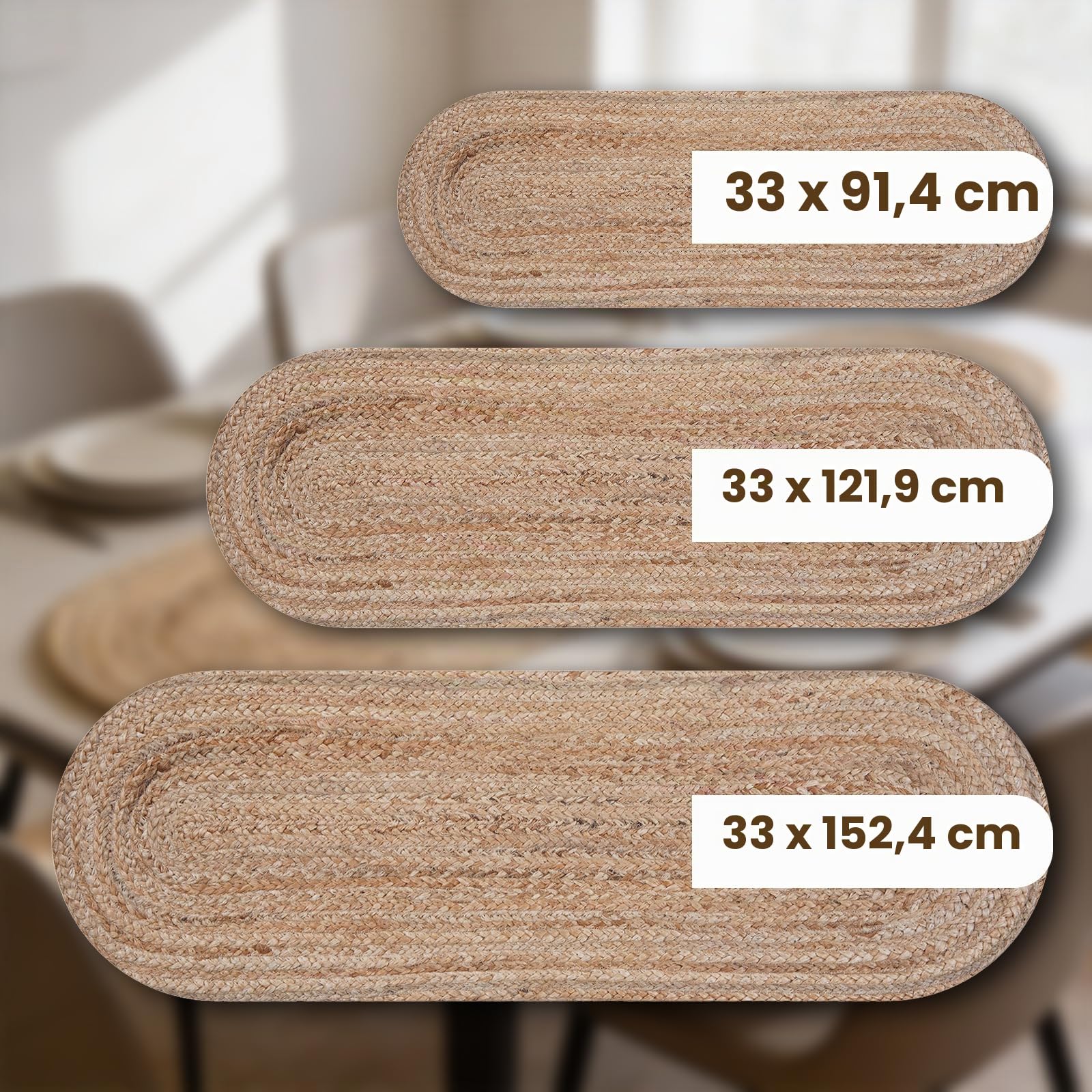 Craft Trade - Runner da tavolo in juta naturale per tavolo da pranzo in stile fattoria, vintage, boho, runner da tavolo da cucina - 33x91 cm ovale