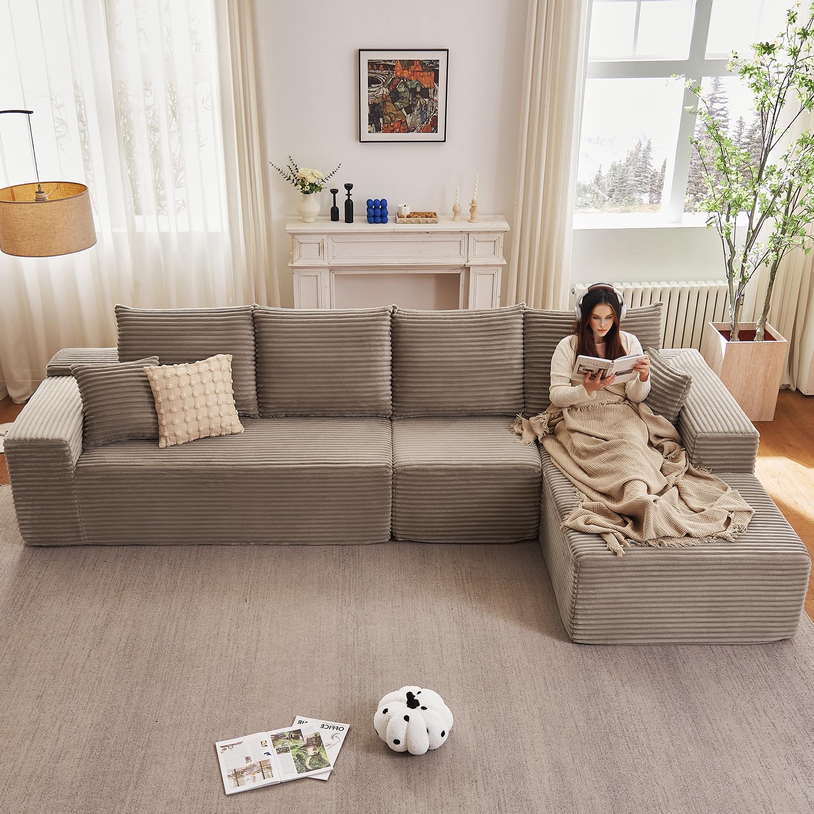 135.4" Modular Sectional Sofa, Modern Corduroy Cloud Couch with Deep Seat, Boneless Couch Upholstered 4-Seater L-Shaped Sofa for Living Room, No Assembly Required (Camel, Right-Facing Chaise)
