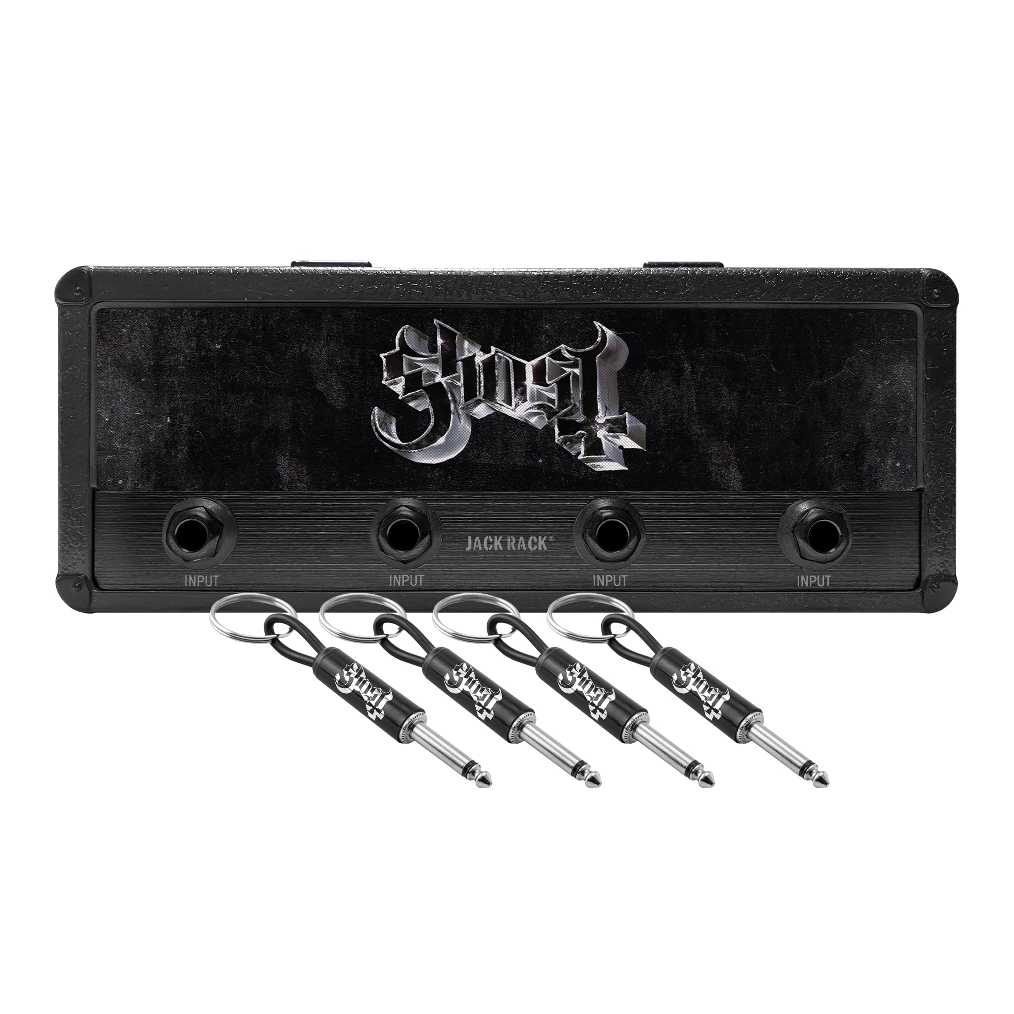 P Pluginz Jack Rack Wall mounting Key Hanger. Includes 4 Guitar Plug Keychains and Wall mounting Hardware. (Ghost)