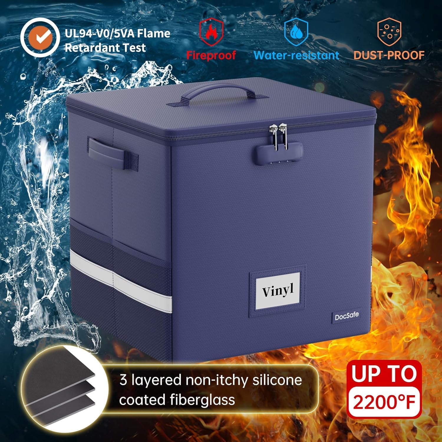 Caja de almacenamiento de discos de vinilo, ignífuga e impermeable para discos de 12 pulgadas, con capacidad para hasta 100 discos individuales, organizador portátil plegable con cerradura azul