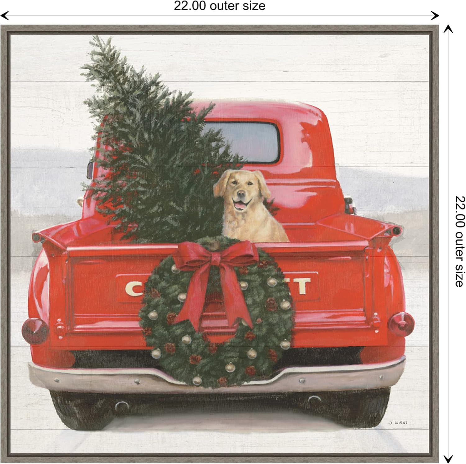 Christmas Red Truck with Dog Framed Canvas Wall Art