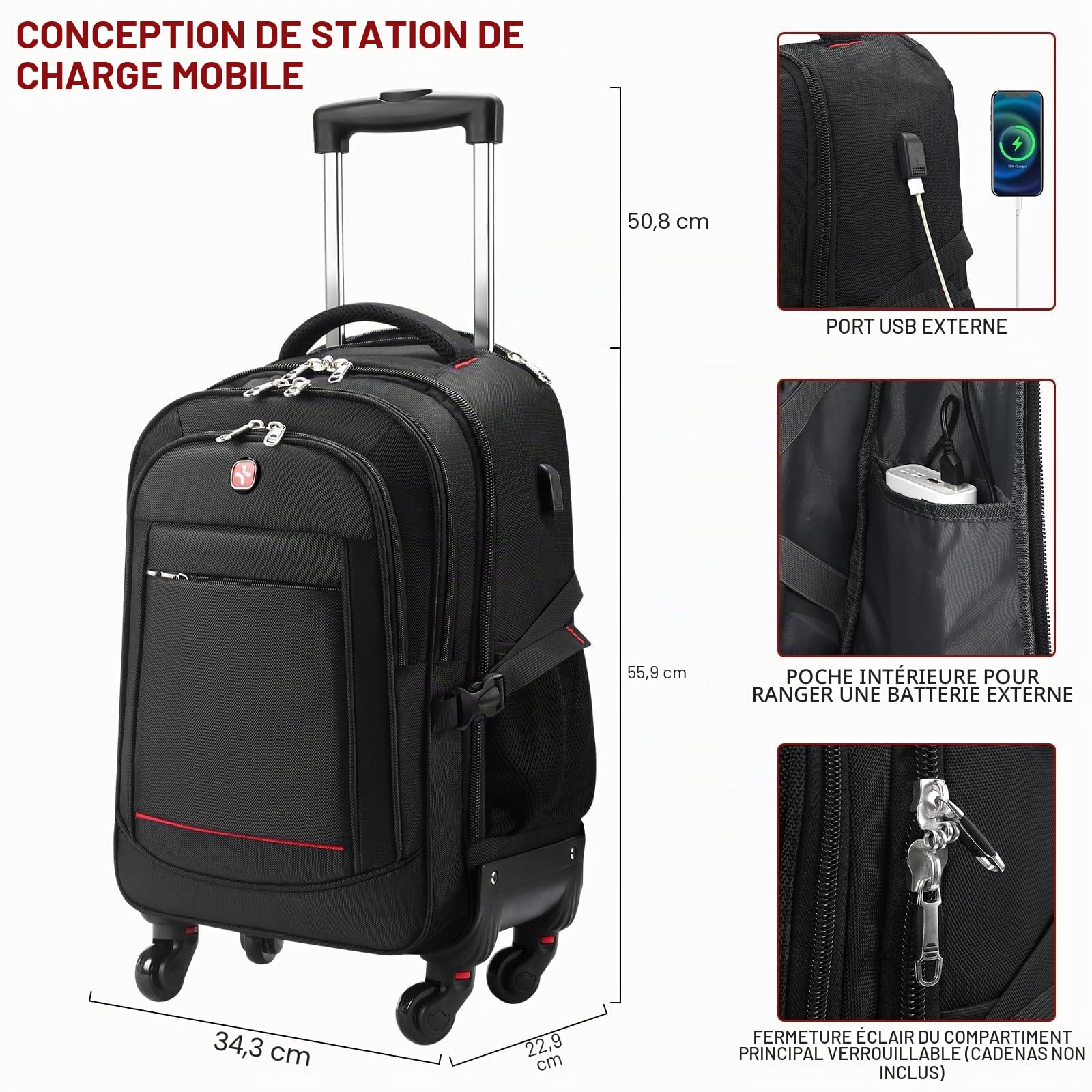 StarCloud Sac à dos à roulettes 45 l (55,9 x 35,6 x 22,9 cm) - Valise de voyage résistante à l'eau - Approuvée par les compagnies