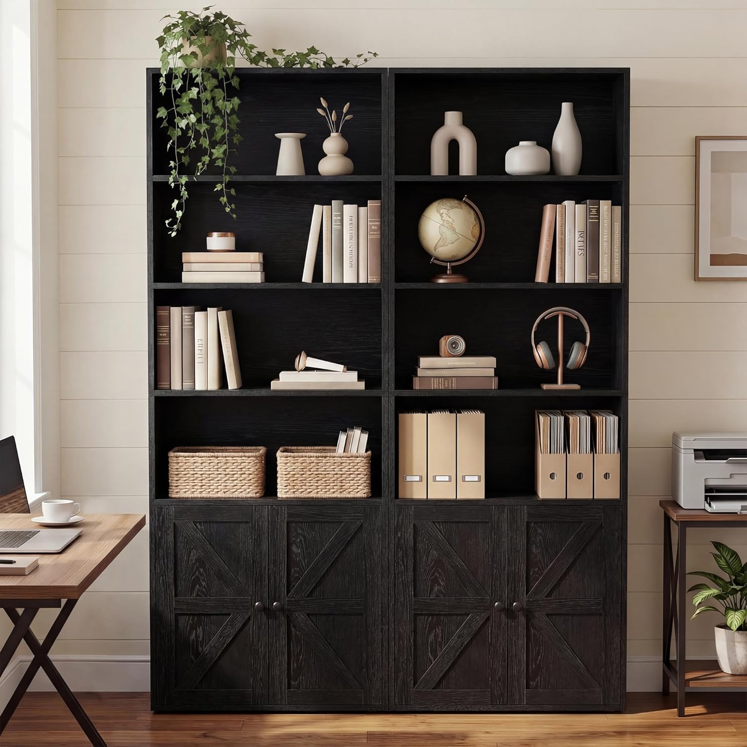 YESHOMY Farmhouse Bookshelf and Bookcase with Doors, Industrial Bookshelves and Bookcases Floor Standing Display 6-Tier Shelf Storage Shelves 71.5 inchs for Home Office, Living Room, Black, 2 PCS