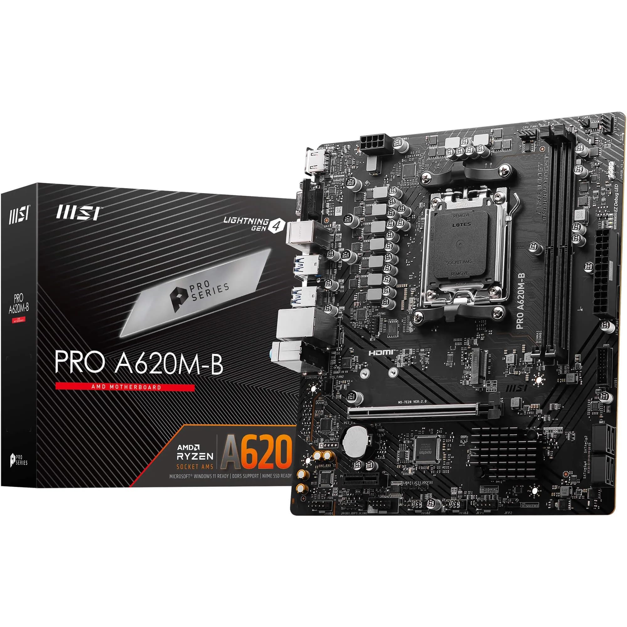 MSI PRO A620M-B Motherboard, Micro-ATX - Supports AMD Ryzen 9000/8000 / 7000 Processors, AM5 - DDR5 Memory Boost (6800+ MT/s OC), 1 x PCIe 4.0 x16, 1 x M.2 Gen4
