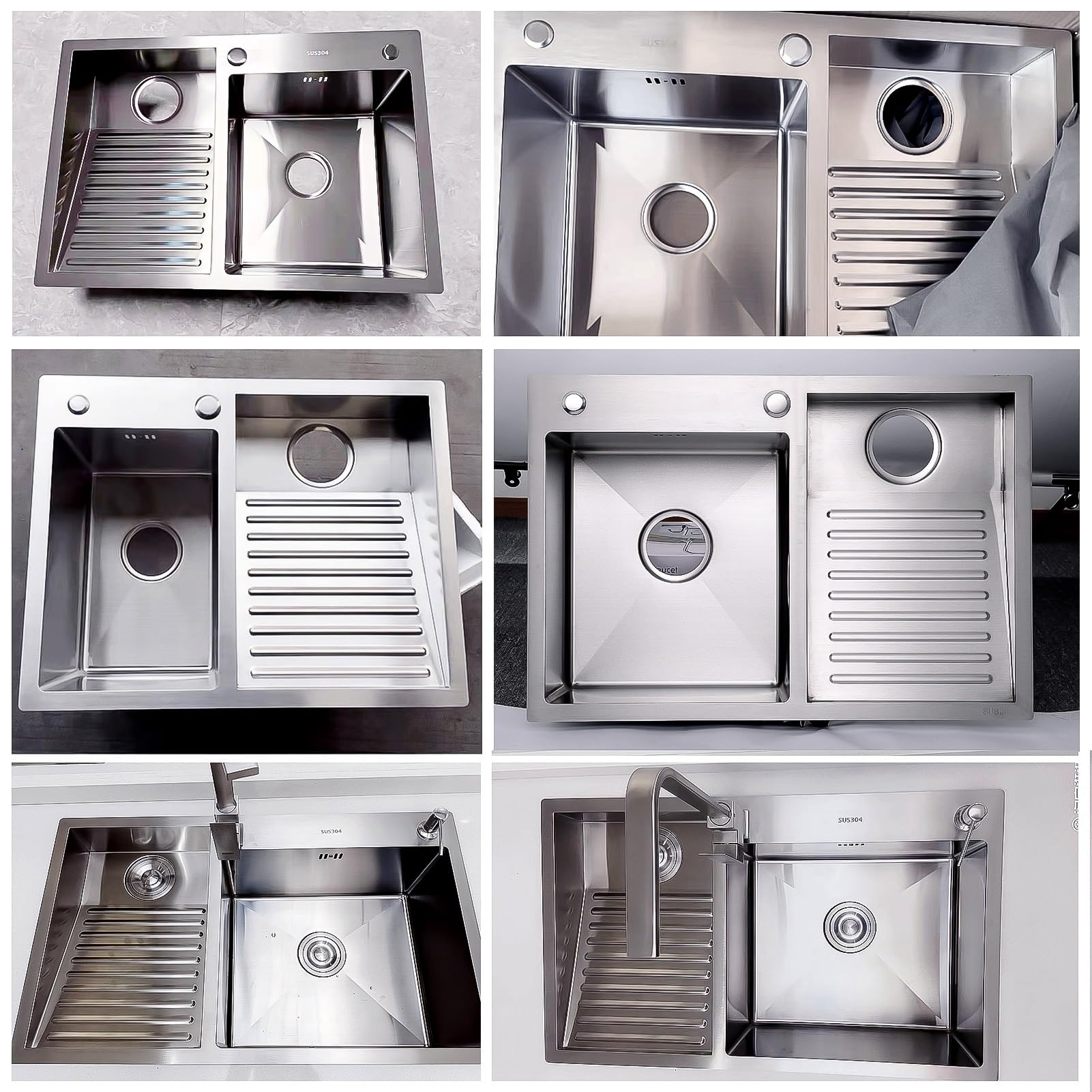 Lavadero Ropa a Mano 60x48cm, Lavandería de Acero Inoxidable 304, Con Grifo, y Kits de Drenaje, Lavadero Pila Exterior, Pila de Lavar, Fregadero Cocina, Lavanderia Lavabo, Fregadero Exterior, Right
