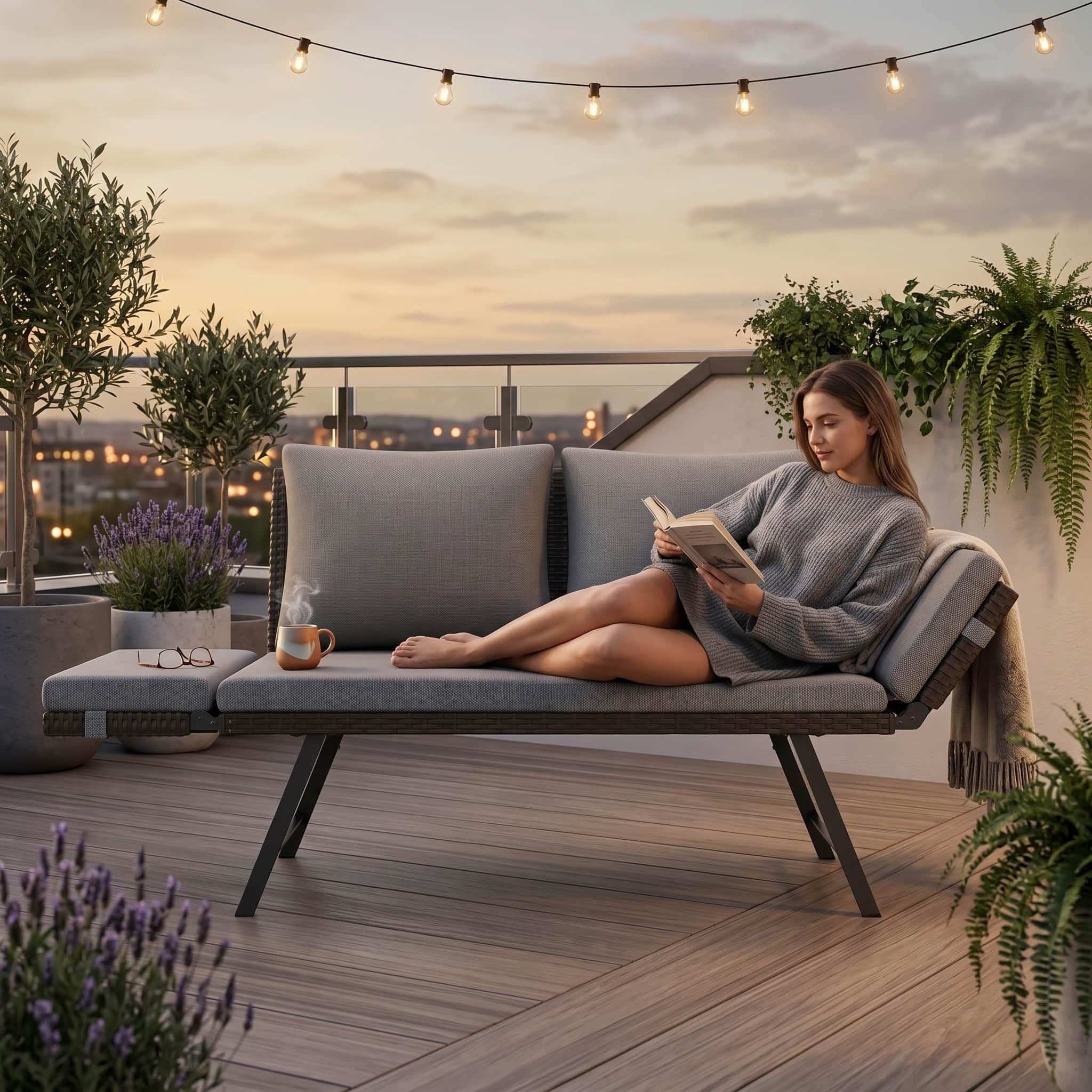 Gartenbank Rattan Wetterfest mit Liegefunktion 2-3 Sitzer, Gartensofa & Balkonsofa mit Kissen & Polster, Verstellbare Armlehnen, Bis 220kg, Outdoor Sofa Bank für Klein Balkon, Terrasse, Garten -Grau