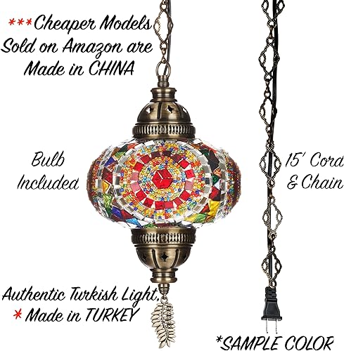 Miniatura 4 de DEMMEX Lámpara colgante enchufable de mosaico turco auténtico tipo swag, globo grande de 6.5 pulgadas - Lámpara de techo colgante marroquí - Cable y