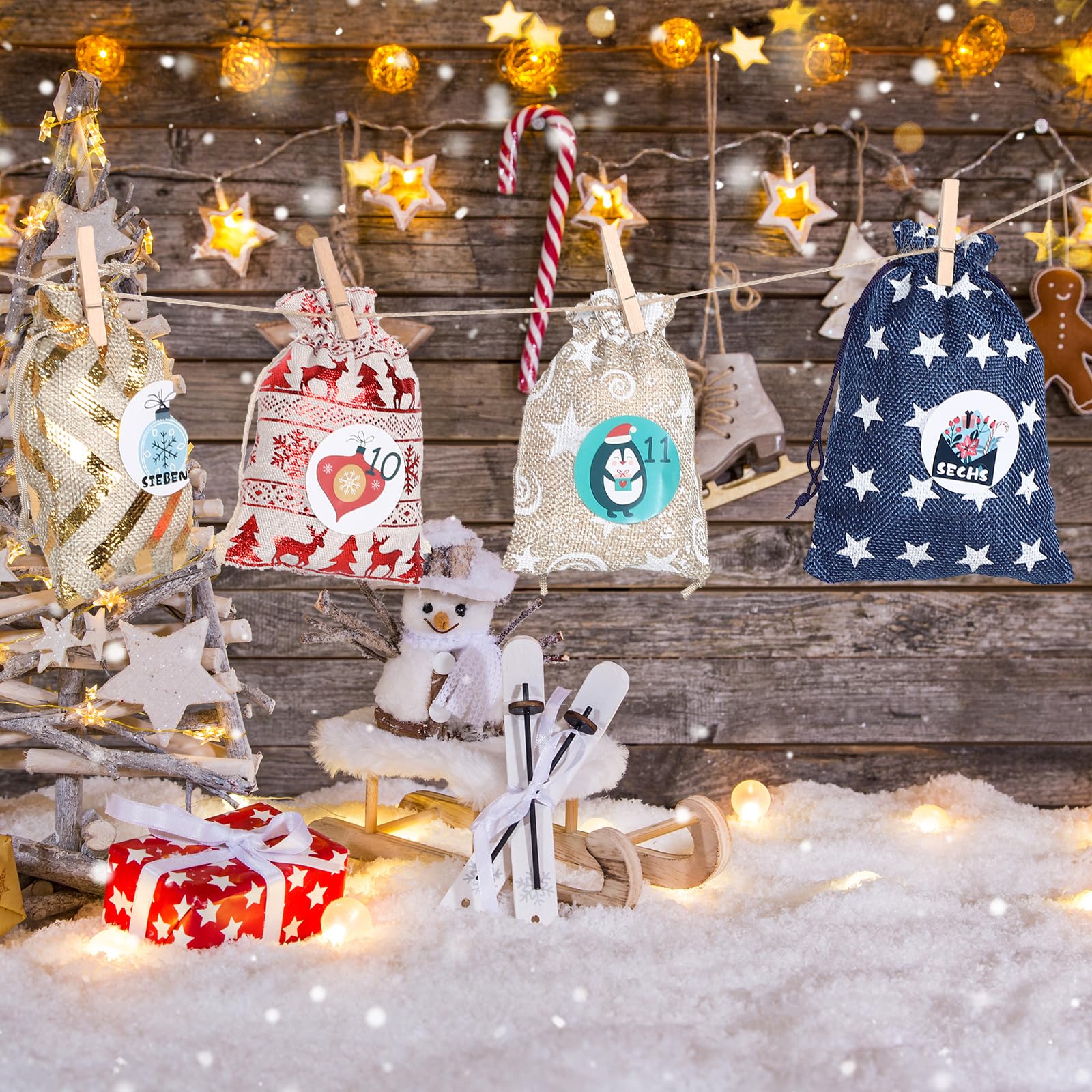 VALICLUD Sachets Cadeaux Jute pour Noël Petits Sacs à Cordon pour Calendrier de Jours Sachets de Bonbons Festifs Accessoires pour Compte à Rebours de Noël
