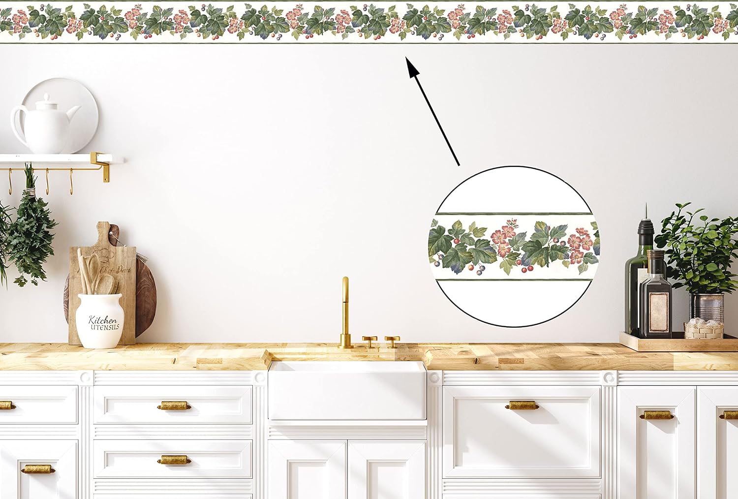 Concord WALLCOVERINGS ™ Country Grapevine Wallpaper Border, 5.5" x 15' Muted Pink & Green Botanical Vine, Prepasted for Easy Kitchen & Dining Decor, Rustic Farmhouse Style #KC311B