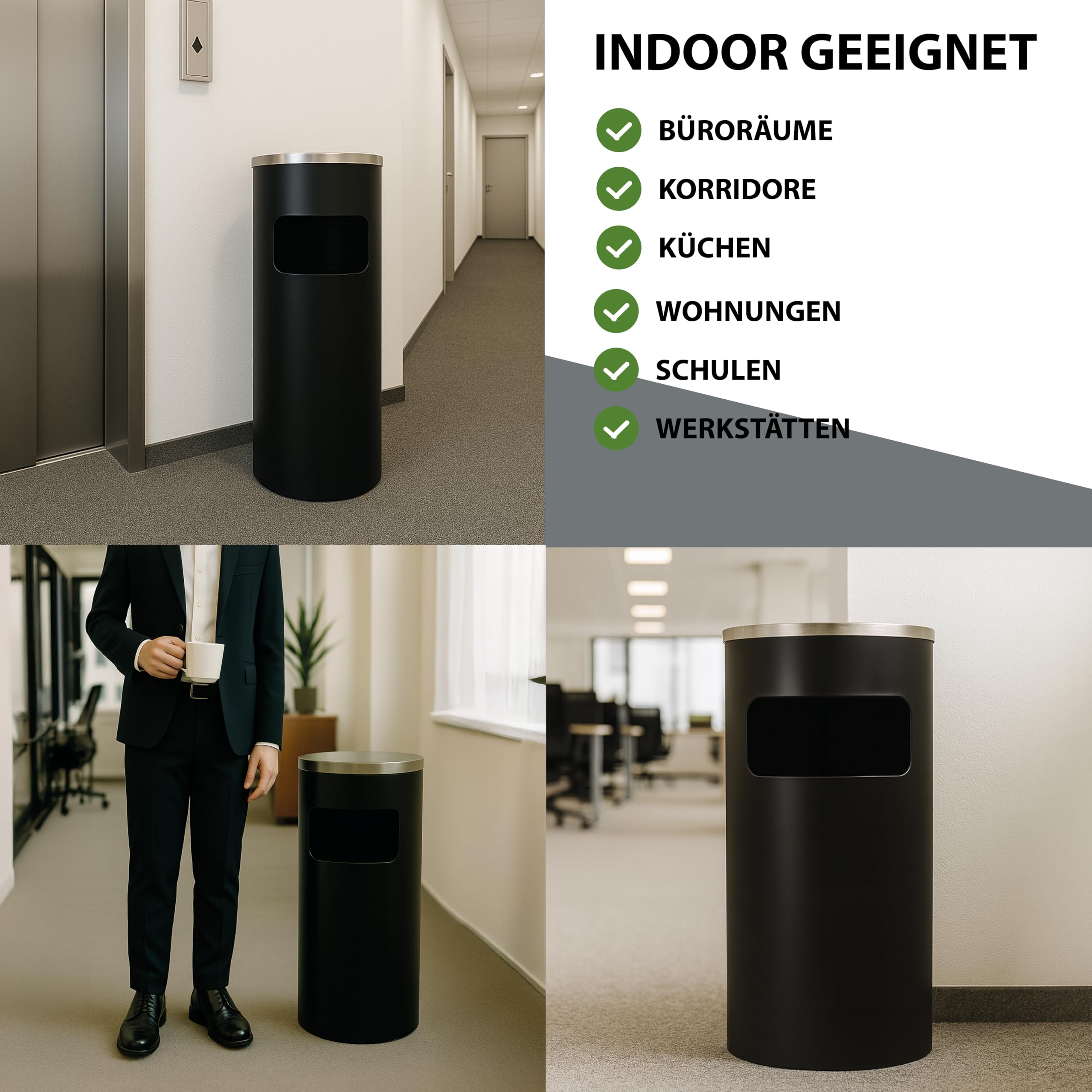 TRUTZHOLM Standaschenbecher für draußen 61x25 cm 30L Schwarz Metall pulverbeschichtet Mülleimer mit Inneneimer und Abaschschale Abfalleimer 2in1 Mülleimer mit Aschenbecher Outdoor Hotel Restaurant