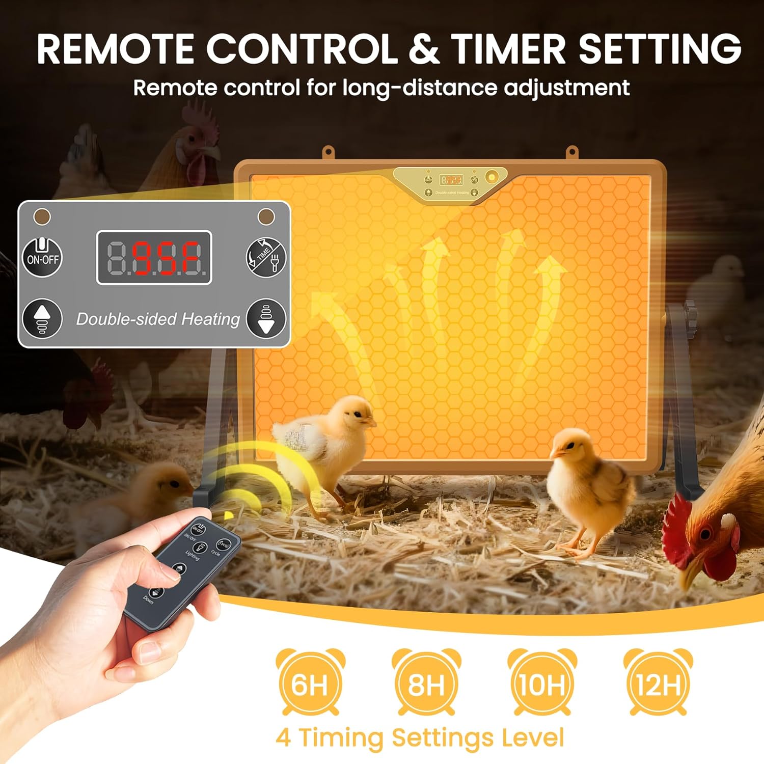 Remote control and timer settings for the chicken coop heater with chicks