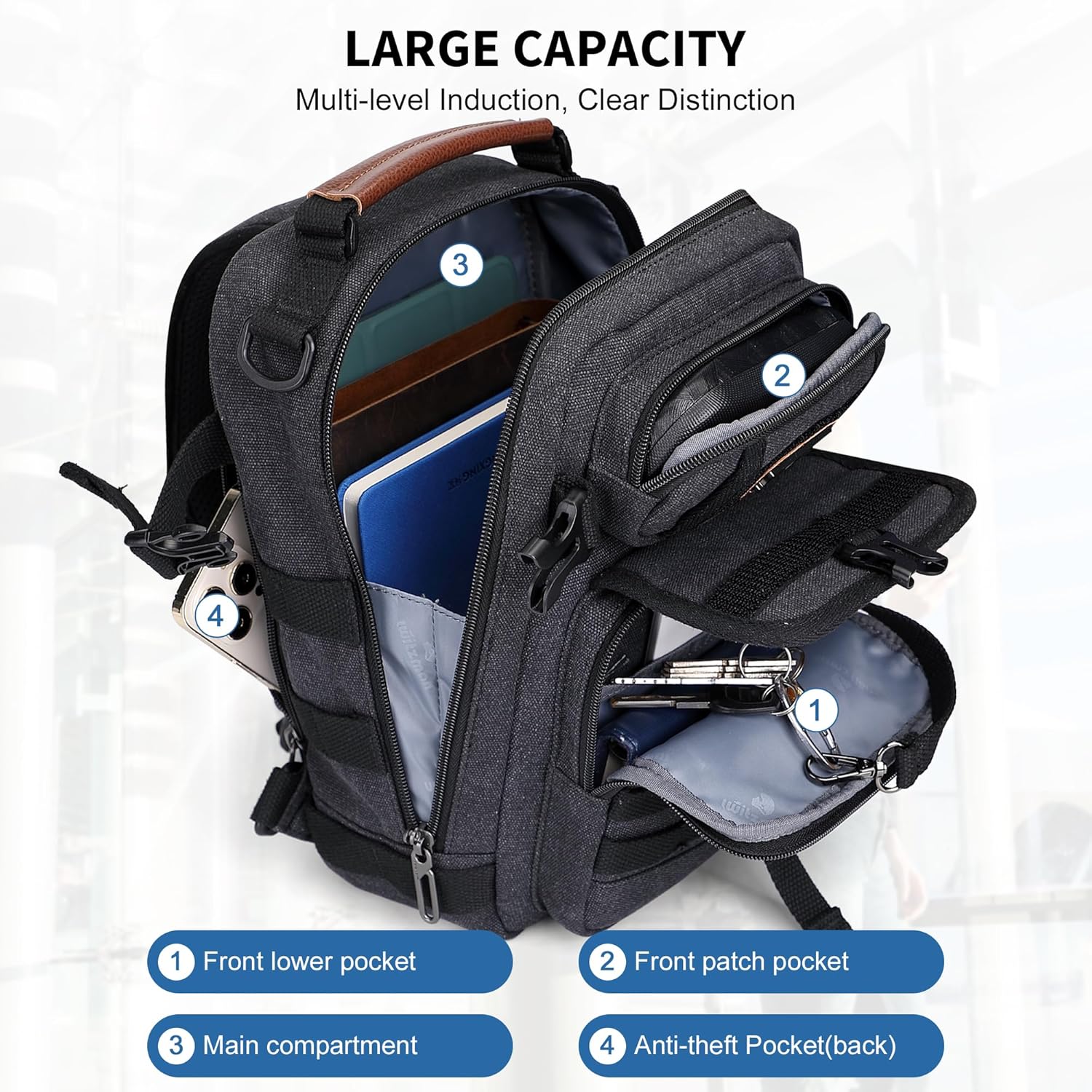 WITZMAN Sling Bag for Men Canvas Shoulder Crossbody Bags Large Vintage Bags for Men Travel, Casual, Daily(A8021 Black)