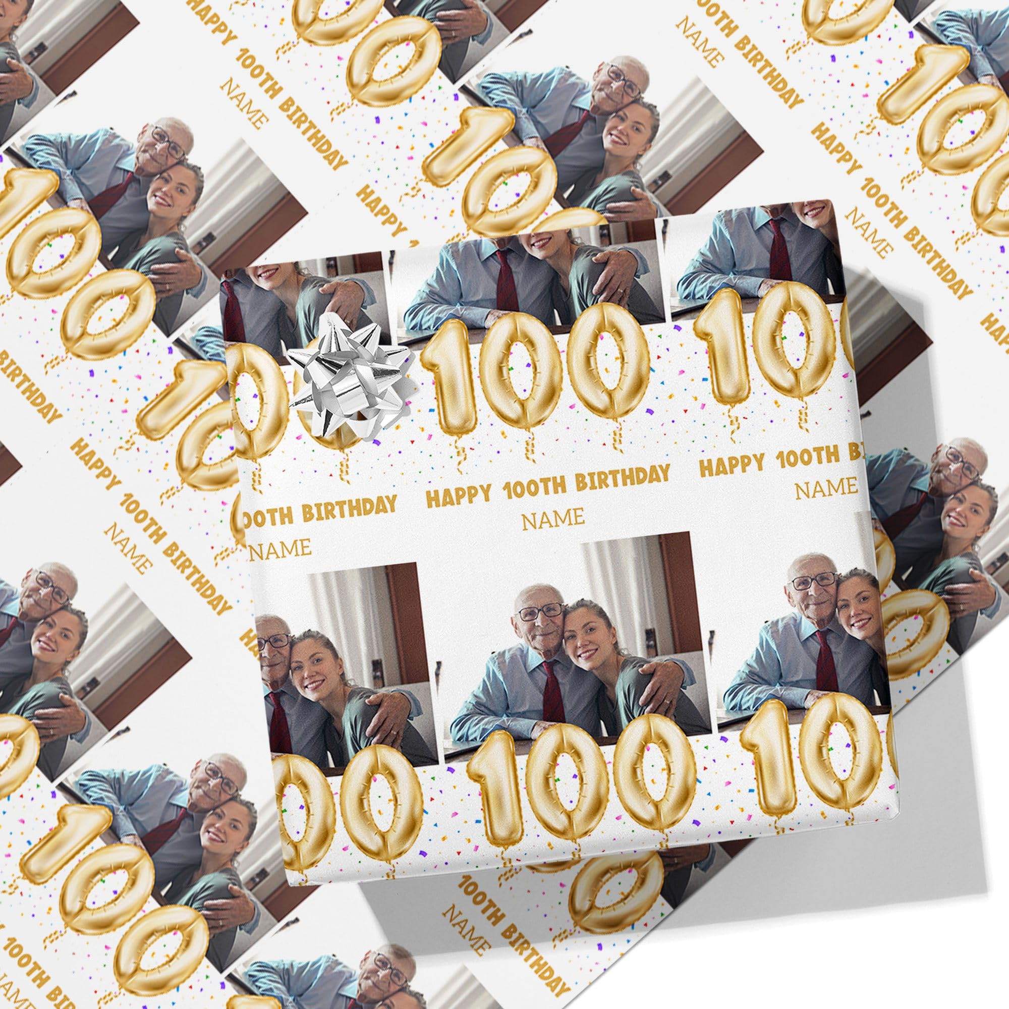 Printster 100th Milestone Birthday Balloons Personalised Wrapping Paper - Add Any Name and Photo-100-5m Roll - 594mm x 5000mm