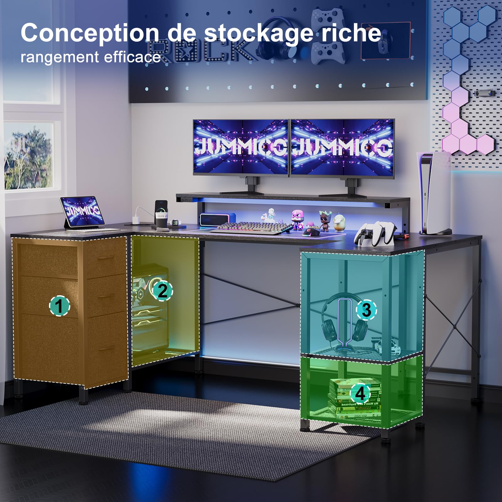 JUMMICO Bureau Gaming en U Réversible 170x95cm, Bureau d'angle, USB, Noir