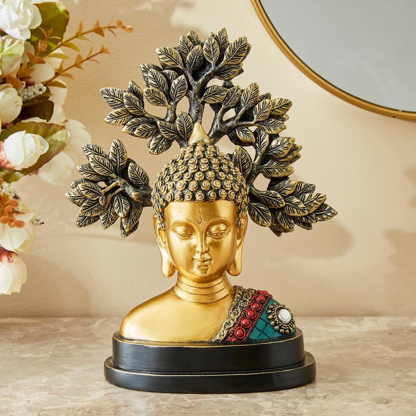 Karigaari India Handcrafted Buddha Statue with Bodhi Tree for Home Decor | Meditation Buddha Idol with Antique Finish | Peaceful Buddha Bust Sculpture for Pooja Room, Office, and Gift (Multicolor)