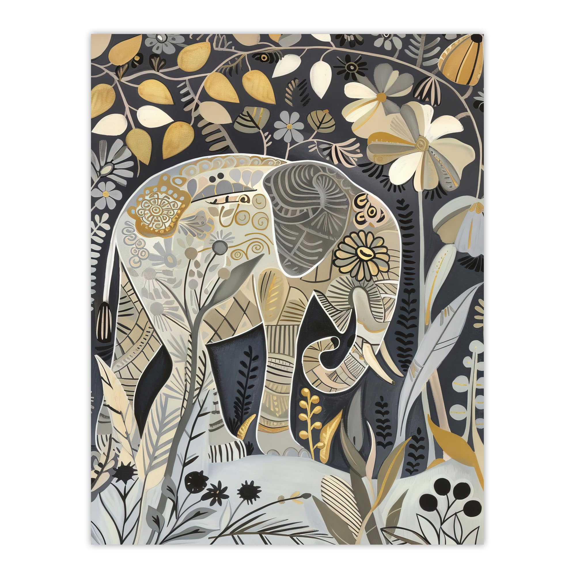 Artery8 Elephant Flowers Artwork Quirky Floral Folk Art Living Room Extra Large XL Wall Art Poster Print