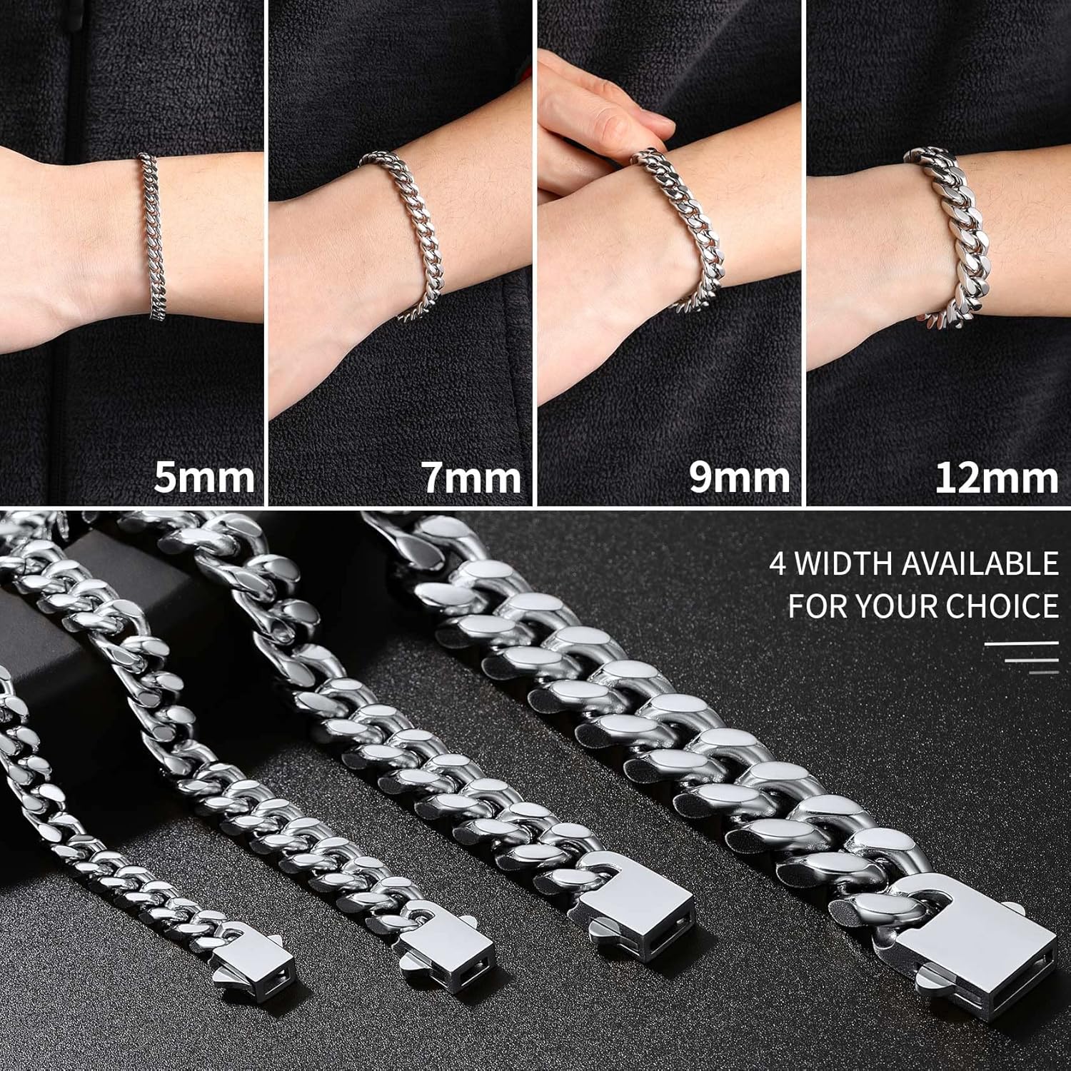 ChainsHouse Stainless Steel Cuban Link Bracelet for Men, 5mm/7mm/9mm/12mm Width, 7.5"/8.3"/9" Length, Black/18K Gold Plated Chain Wrist Bracelets for Men, with Gift Box - Image 3