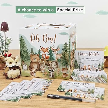 Caisehabu Woodland Baby Shower Decorations Diaper Raffle Box with 50 Tickets Cards for Boy Baby Shower Decorations, Forest Creatures Theme Baby Shower Ideas