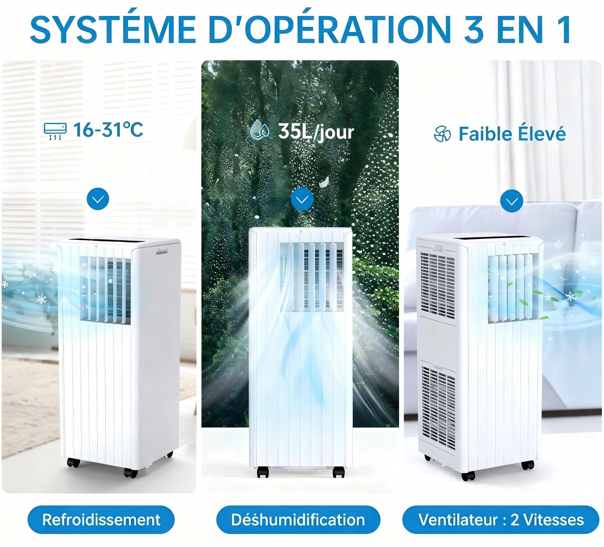 Garvee Climatiseur Portable 9000 BTU pour Pièces jusqu’à 26 m², 3 en 1 Refroidissement Déshumidification Ventilation, Double Tube, Silencieux ≤52 dB, Minuterie 24h, Télécommande Incluse