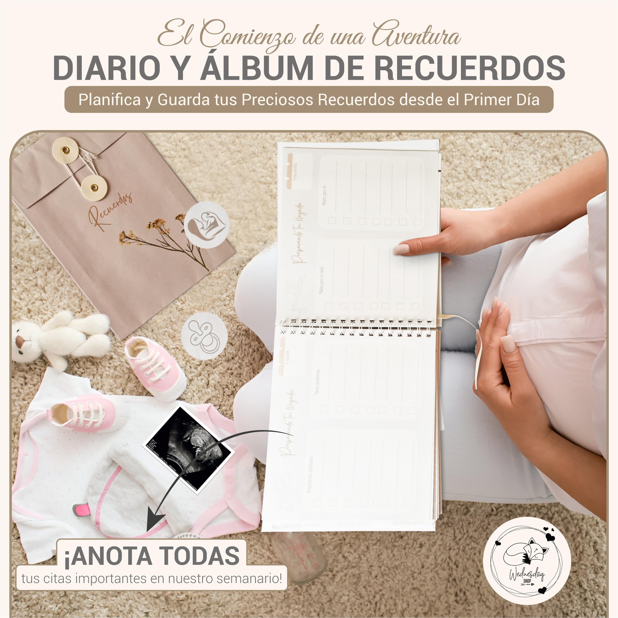 Diario de Embarazo - Libro de Embarazo Futuras Mamas - Agenda Semanal - Recuerdos y Fotos de Embarazo - Regalo para Embarazada - Set Completo con Pegatinas y Tapa Dura