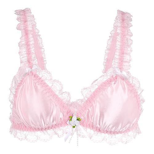Satini Sissy Frilly Lace Fitted Satin Bralette - Small - Baby Pink