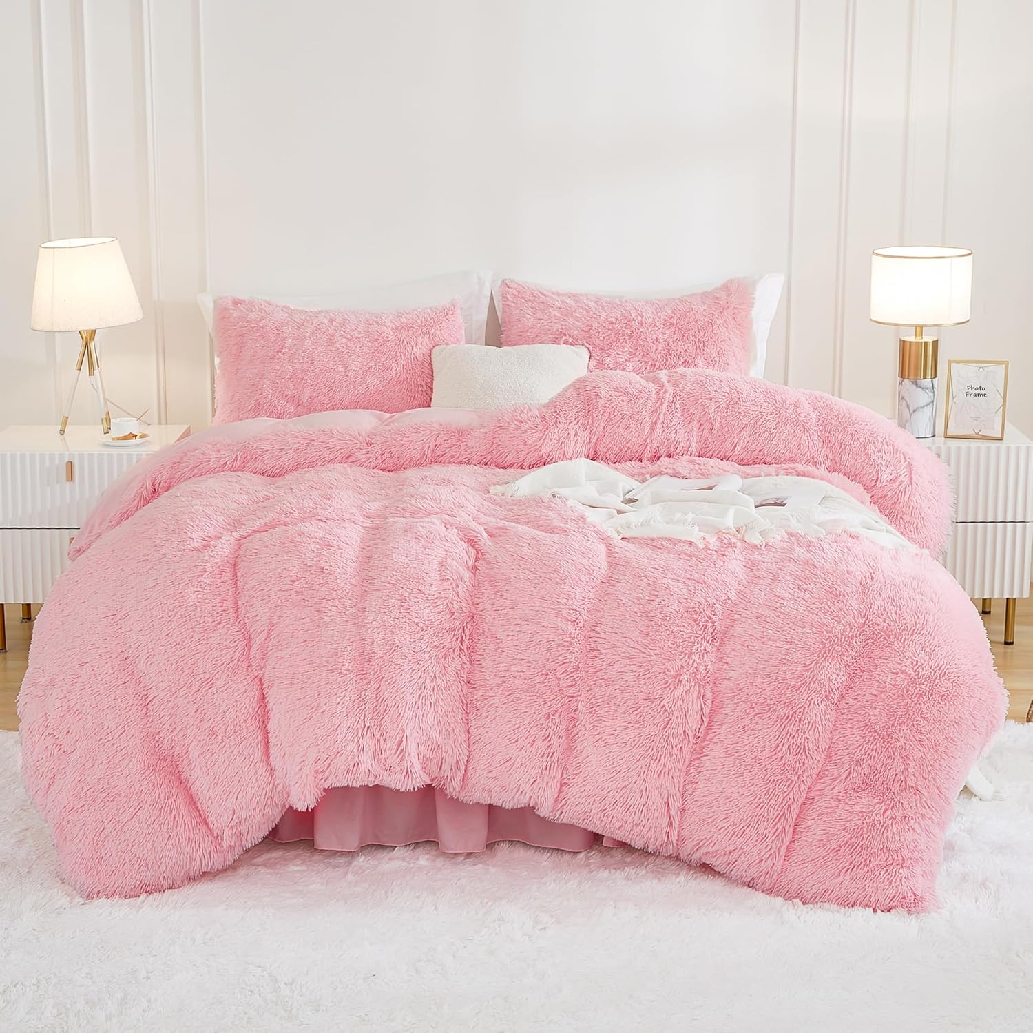 Andency Faux Fur Pink Comforter Set Queen Size, 3 Pieces Fluffy Fuzzy Plush Bedding Comforter Set (1 Shaggy Velvet Comforter & 2 Pillowcases), Soft Puffy Comfy Down Alternative Comforter Bedding Set