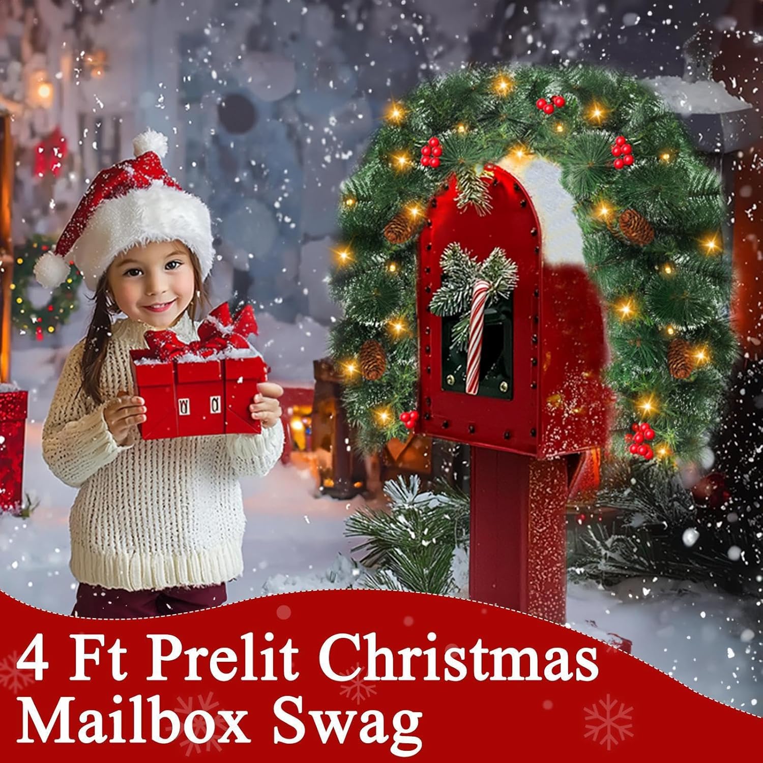 [ Timer & Remote ] 4 Ft Prelit Christmas Mailbox Swag Decorations with 30 Warm White & Colored Change Light Red Berry Pinecone, 8 Modes Battery Operated Snowy Tip Xmas Mailbox Decor for Home Outdoor