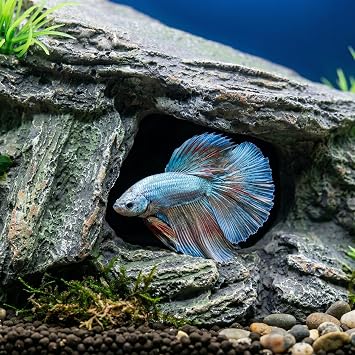 Aquarium Cave & Betta Hideout - Natural Resin Fish Tank Decorations, Small Turtle Basking Platform, Hand-Polished Smooth Edges, PH Neutral Stone Decor for Shrimp, Cichlid, and Reptiles (Small)