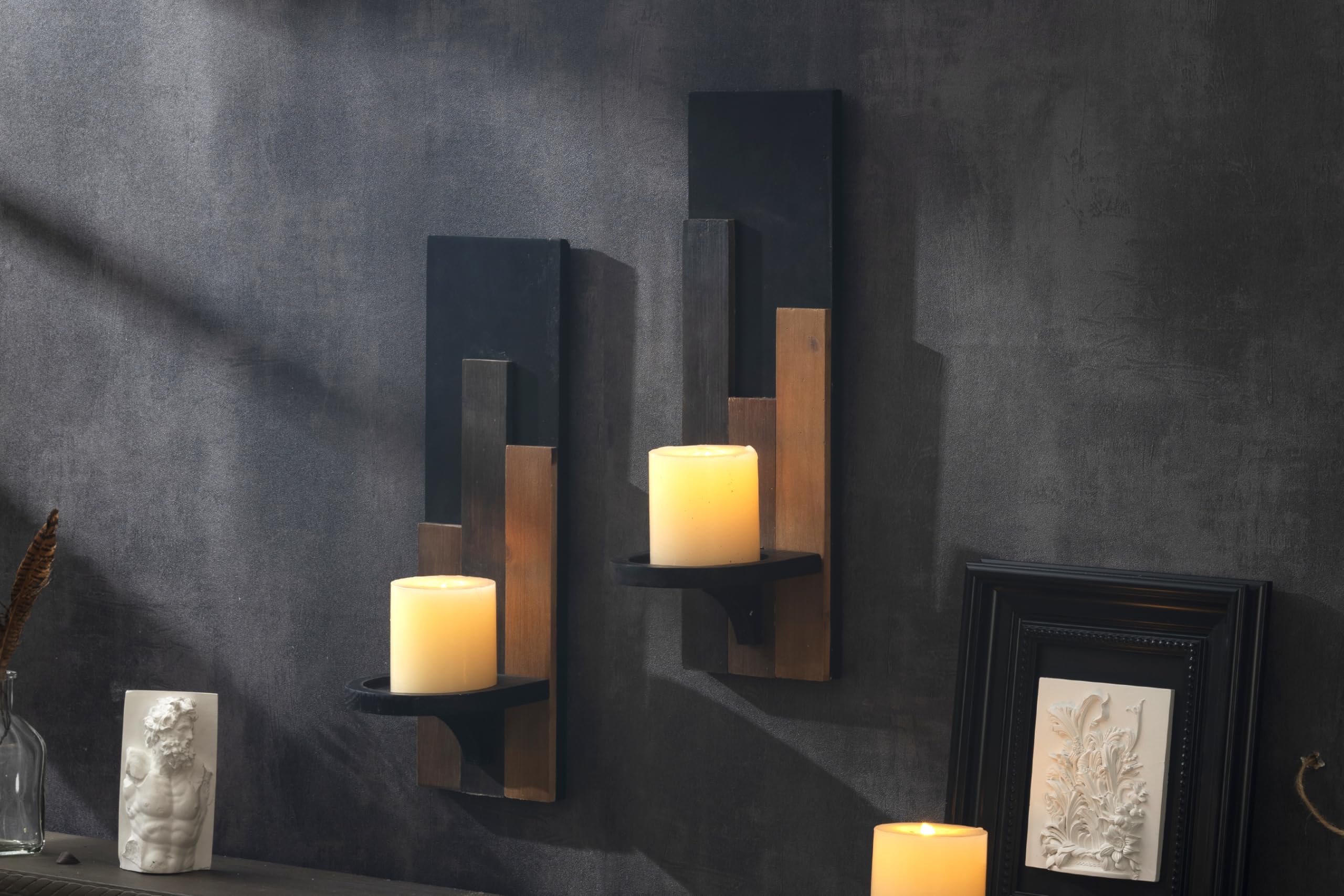 2 Stück Wandkerzenhalter Holz Wand Kerzenhalter Schwarz Holzspleißen Design Wandhalterung Kerzenständer Deko für Kerzen Vintage Wanddeko Wandkerzenhalter