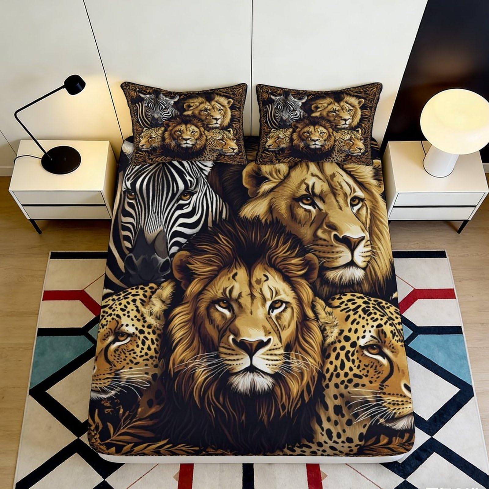 3D Printed Wild Lion Safari Fitted Sheet Microfiber Soft Bedroom Decor Zebra Mattress Cover for Home Guest Room 90x200x25cm