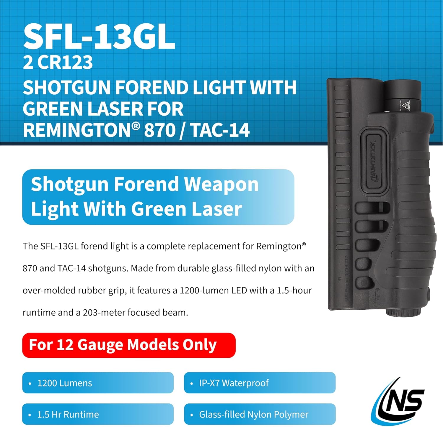 Nightstick SFL-13GL Shotgun Forend Light with Green Laser - 1200 Lumens Forend Light for Remington 870/TAC-14 NS2-BATT Li-Ion USB-C Battery - 3.6V, 3300mAh