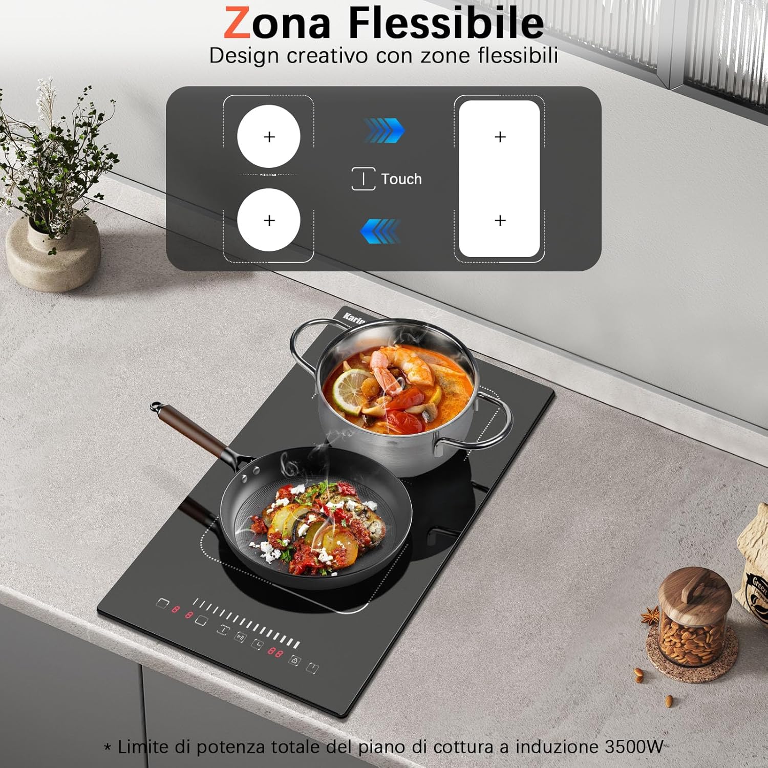 Diagram showing the dimensions for built-in installation of the Karinear induction cooktop