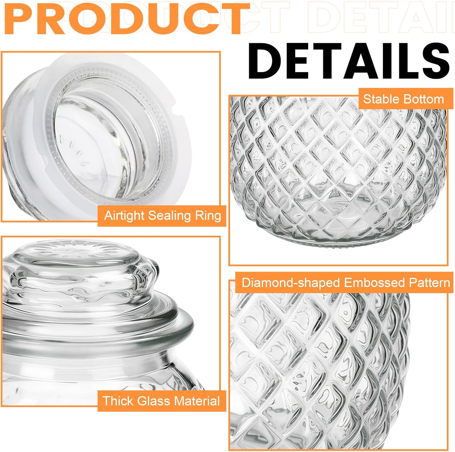 6 Set Glass Food Storage Canister with Airtight Lid 22 oz Embossed Cookie Jar Clear Candy Jar Kitchen Storage Container for Pantry Organization, Flour, Coffee, Sugar, Snacks, Pet Treats