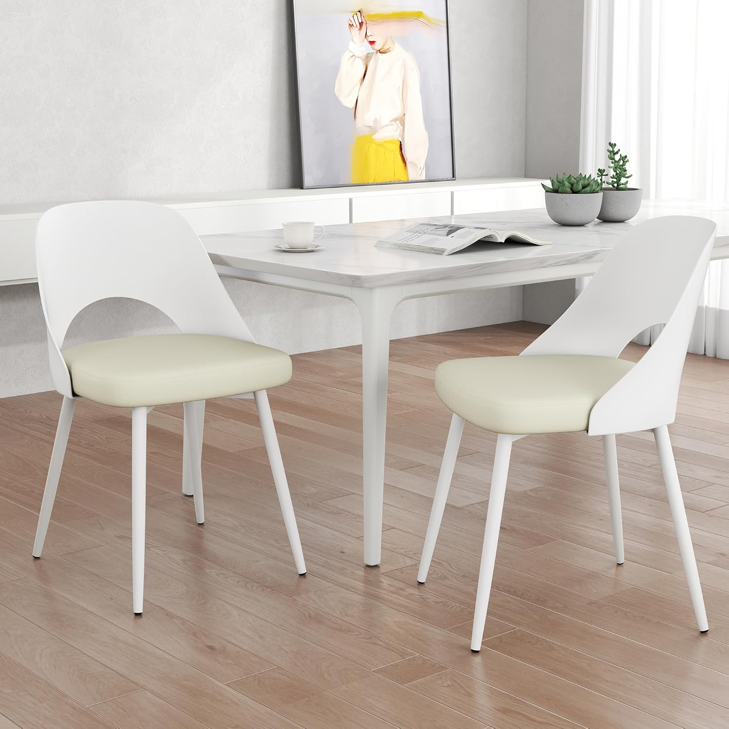 thksbought Juego de 2 sillas de comedor tapizadas modernas de mediados de siglo con patas de metal y cojín de piel sintética para cocina,