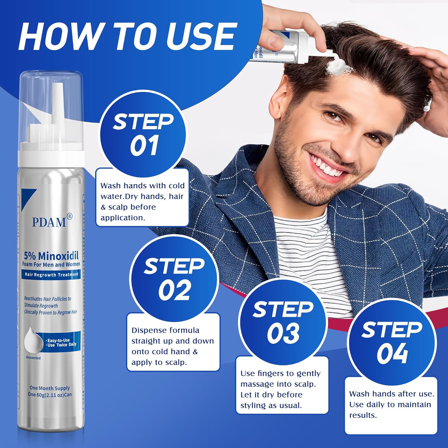 5% Minoxidil for Men and Women Foam Hair Growth - Minoxidil Foam Hair Regrowth Treatment for Men and Women, Topical Hair Loss Treatments, Extra Strength Thicker & Fuller Hair, 2 x 2.11 oz for 2 Months - Image 8