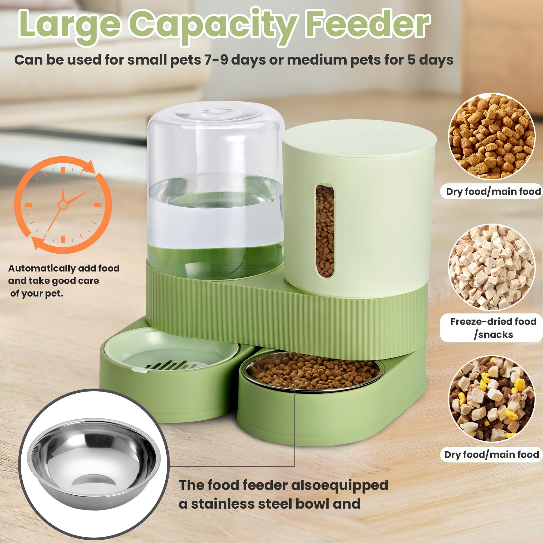 2 Pack Automatic Cat Feeder Stainless Steel Water Dispenser Gravity Food Feeder and Waterer Set with Pet Food Bowl for Small Medium Kitten Puppy Pets Large Capacity(Green) - image 5