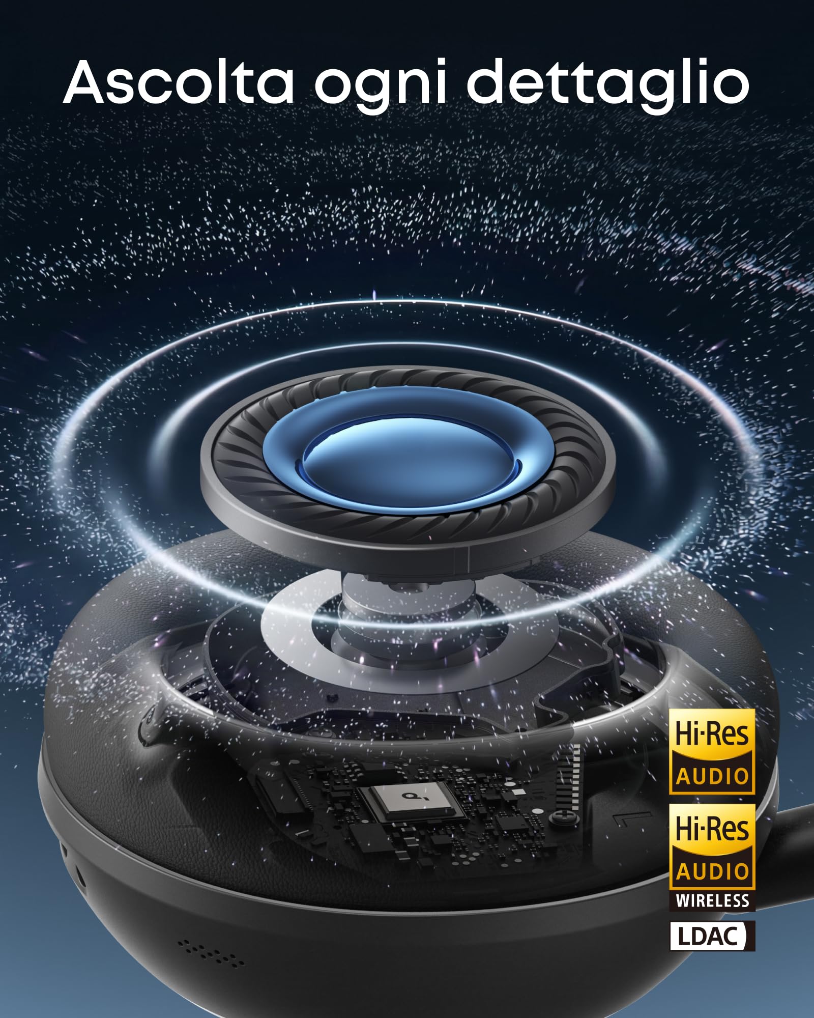 Soundcore Space 2 di Anker, Cuffie con cancellazione attiva del rumore, vestibilità comoda, 50 ore, audio wireless HD LDAC, 2 connessioni, chiamate nitide, BT 6.1, modalità Nap, rilevamento usura