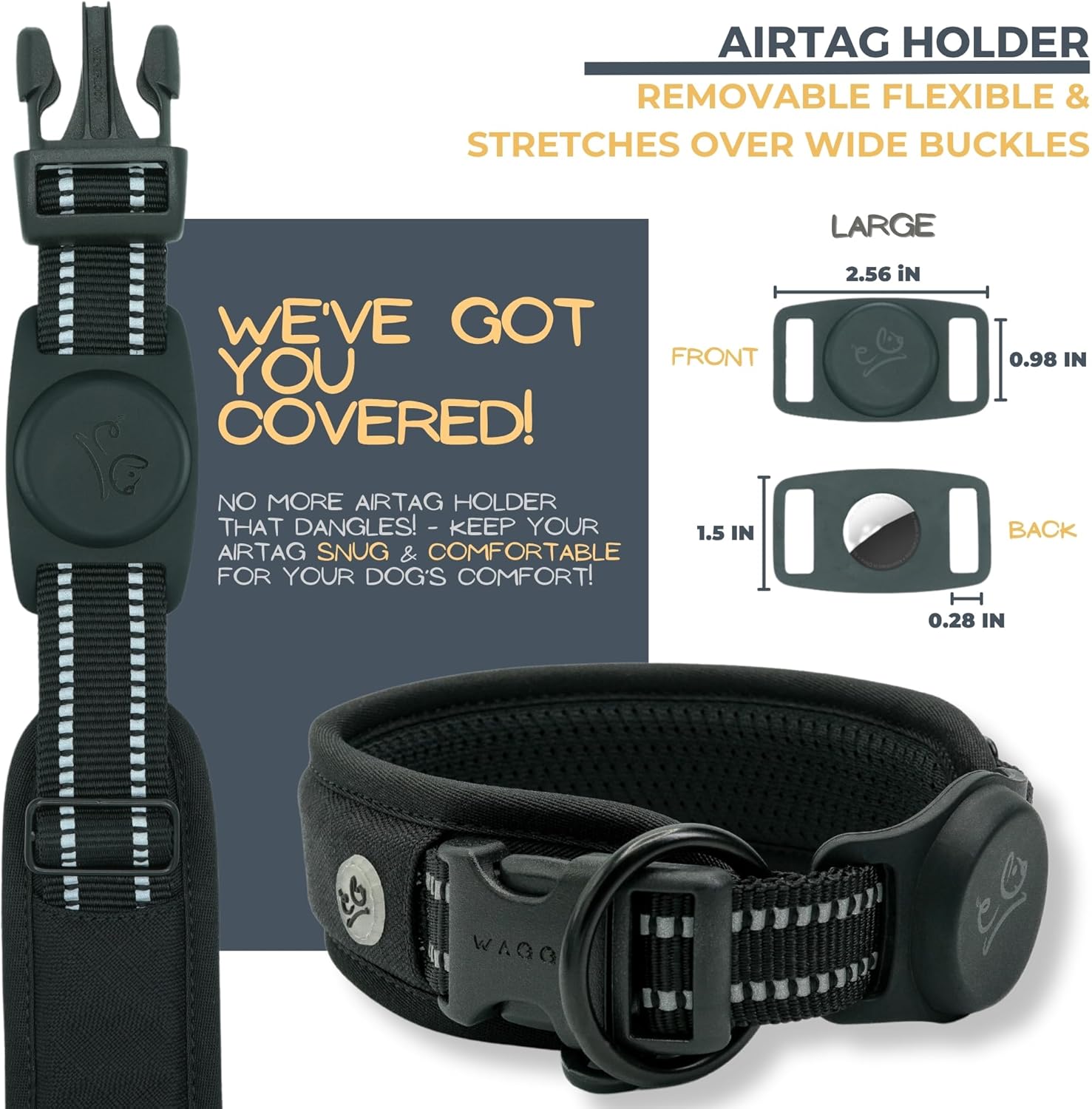 Premium AirTag Dog Collar - Aitag Dog Collar Holder – Reflective AirMesh Padded, Heavy-Duty Quick-Release Dog Collar, Adjustable Secure Fit - Small Medium Large Dogs (Black, L)